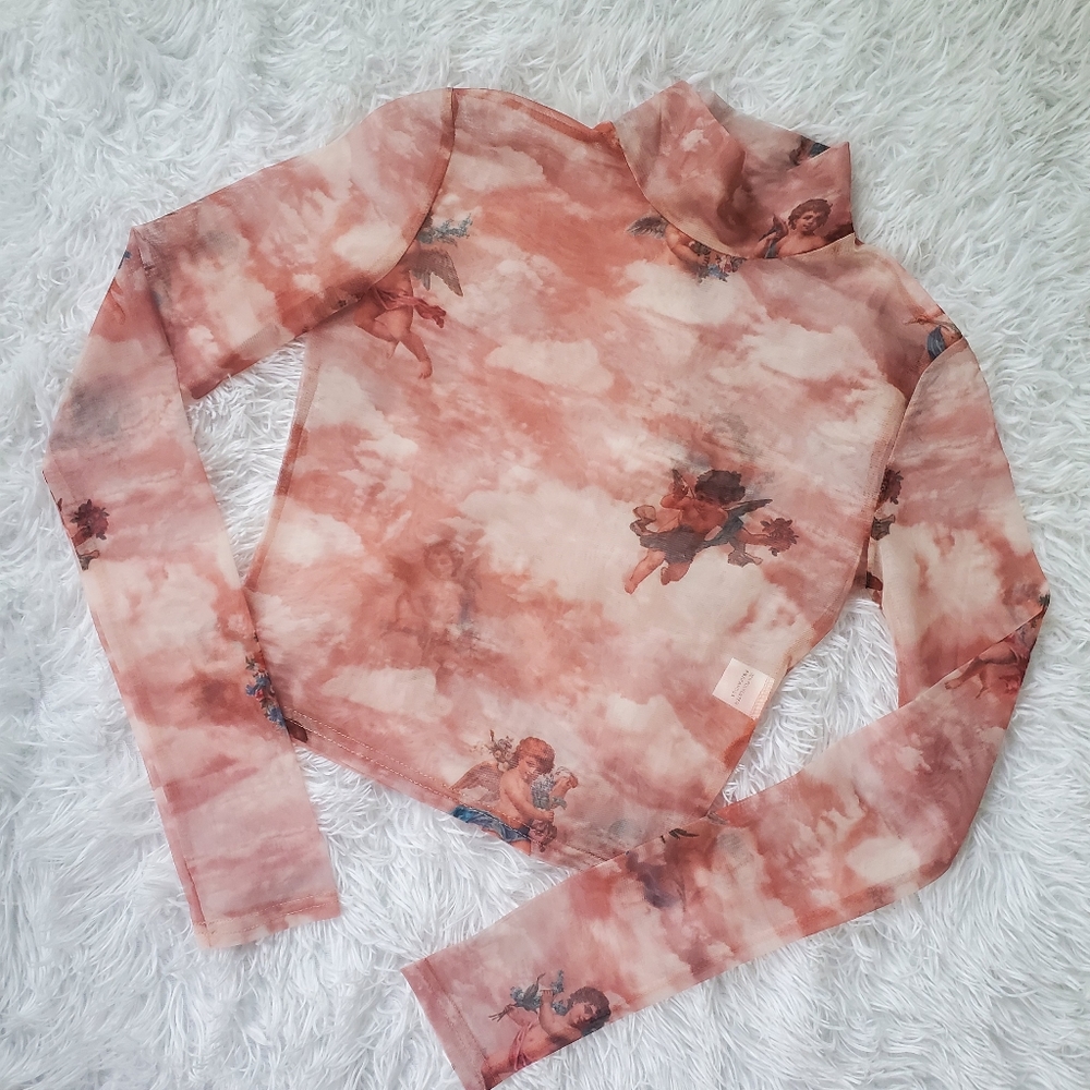 Pink Sheer Cherub Mesh Mock Neck Turtle Neck Long Sleeve Top Clouds